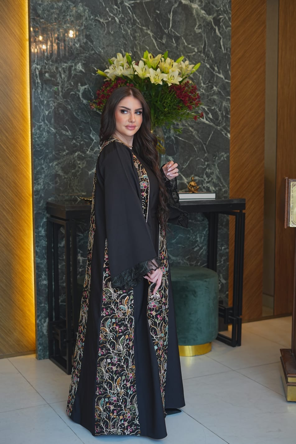 Black Embroidered Open Abaya