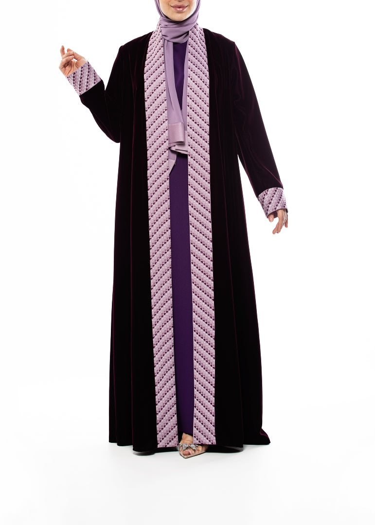 Deep Plum Hand-Embroidered Velvet Abaya