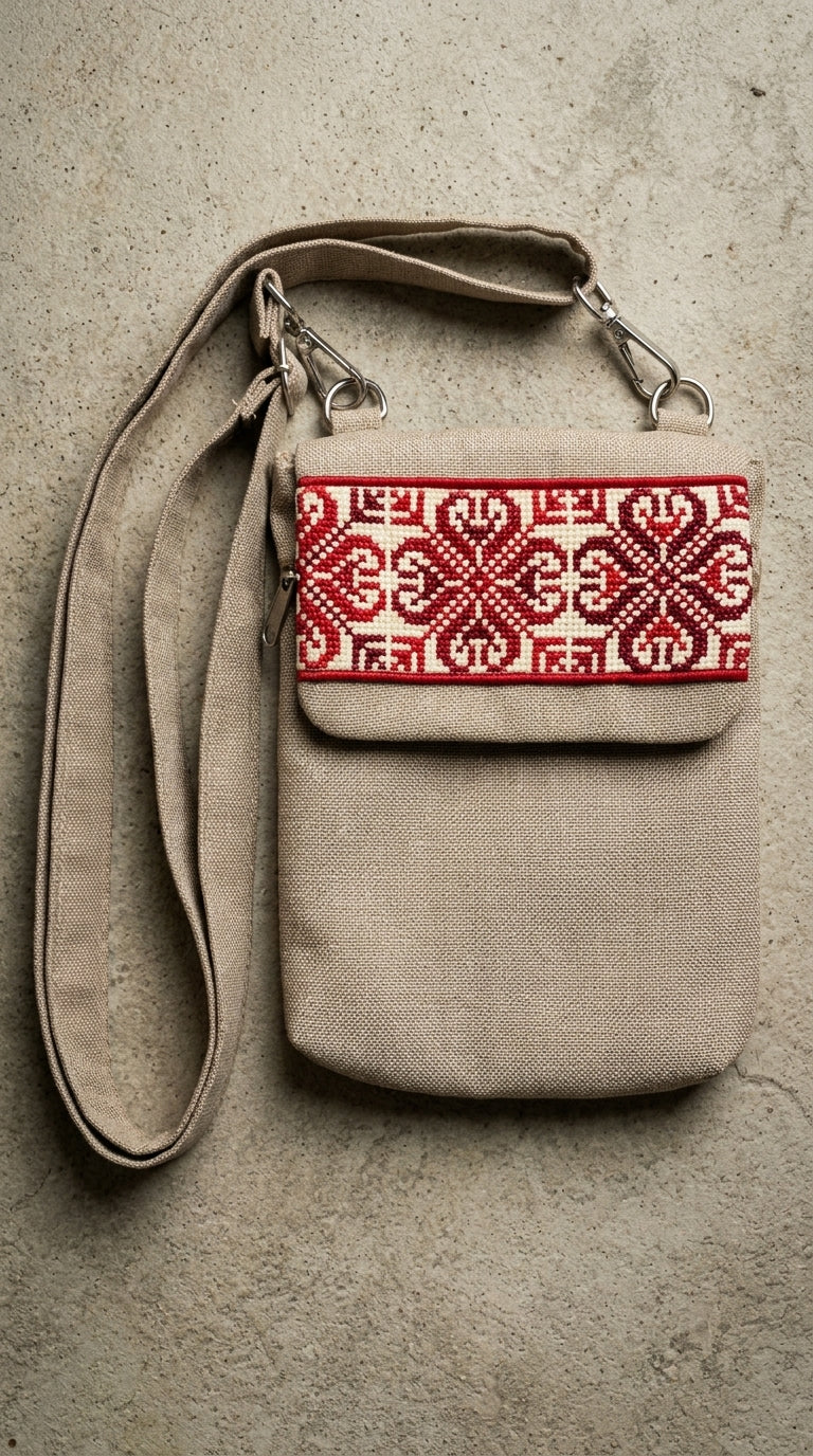 Yara Design Black Denim Red Cross-Stitch Phone Wallet