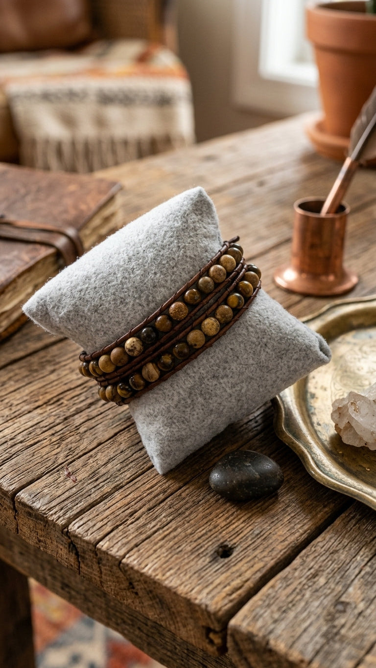 Bracelets on a gray fabric pad on a wooden surface with a cozy indoor background