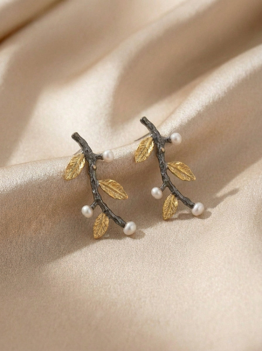 Textured Olive Branch Drop Earrings with Pearls