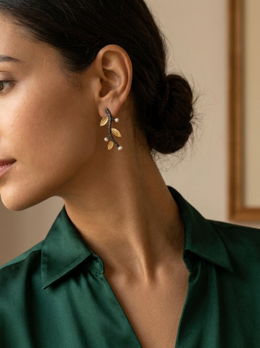 Textured Olive Branch Drop Earrings with Pearls