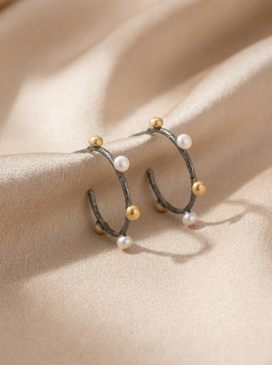 Textured Vine Hoop Earrings with Pearls and Gold Beads