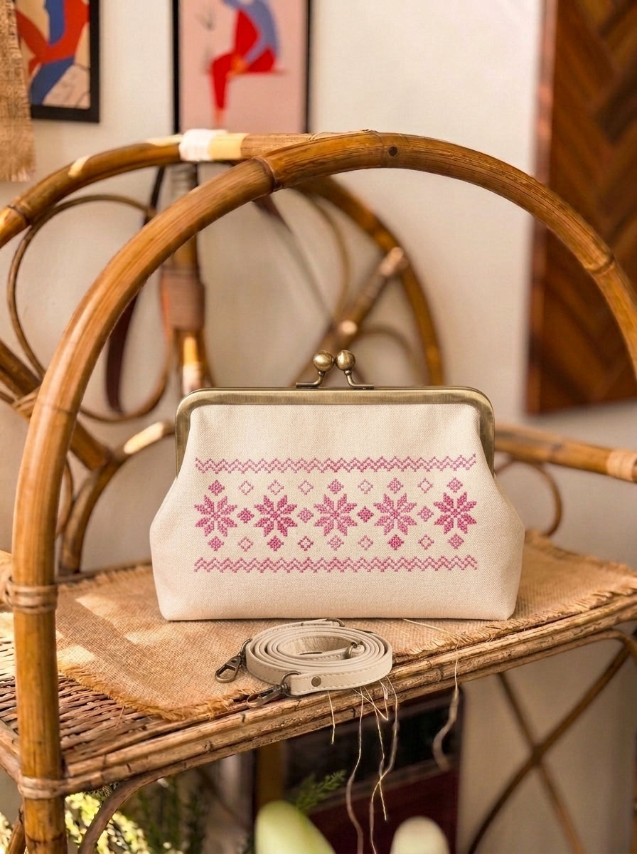Folk-Art Cream Leather Embroidered Kiss-Lock Bag
