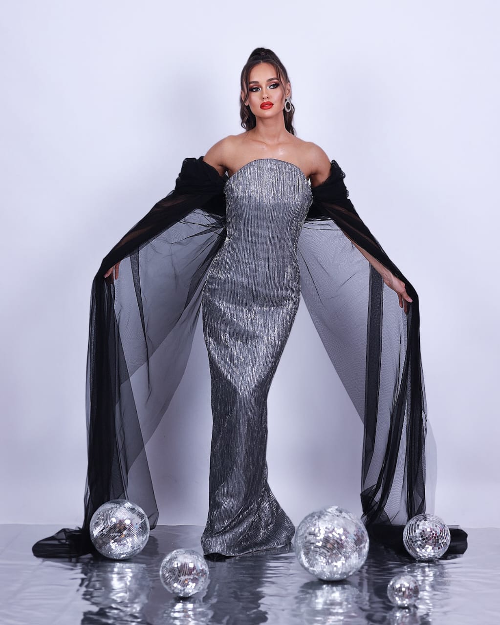 Black Tulle Sleeve & Silver Pleated Bodycon Dress