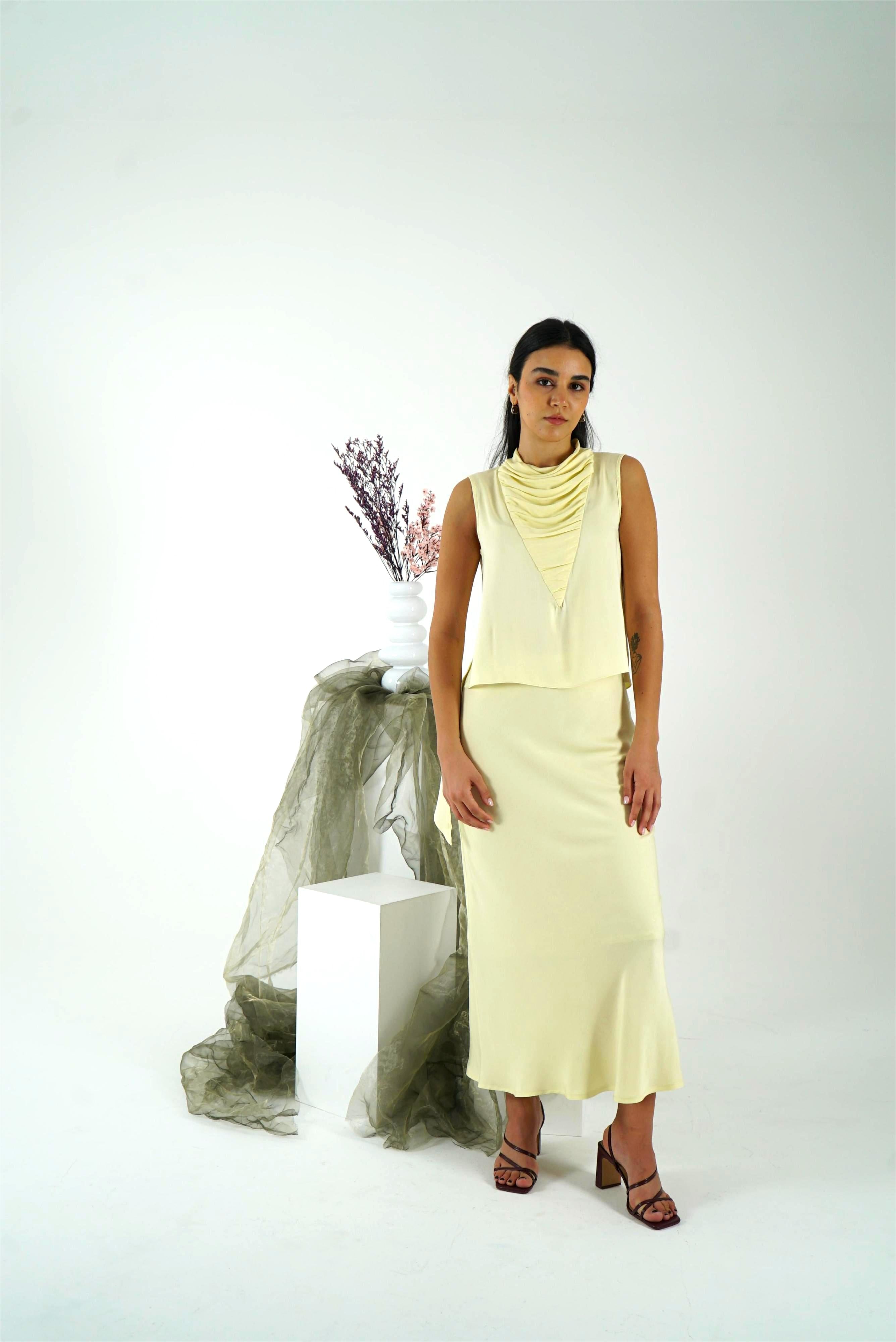 Shanbar Asymmetric Top – Draped Summer Rayon in Butter Yellow