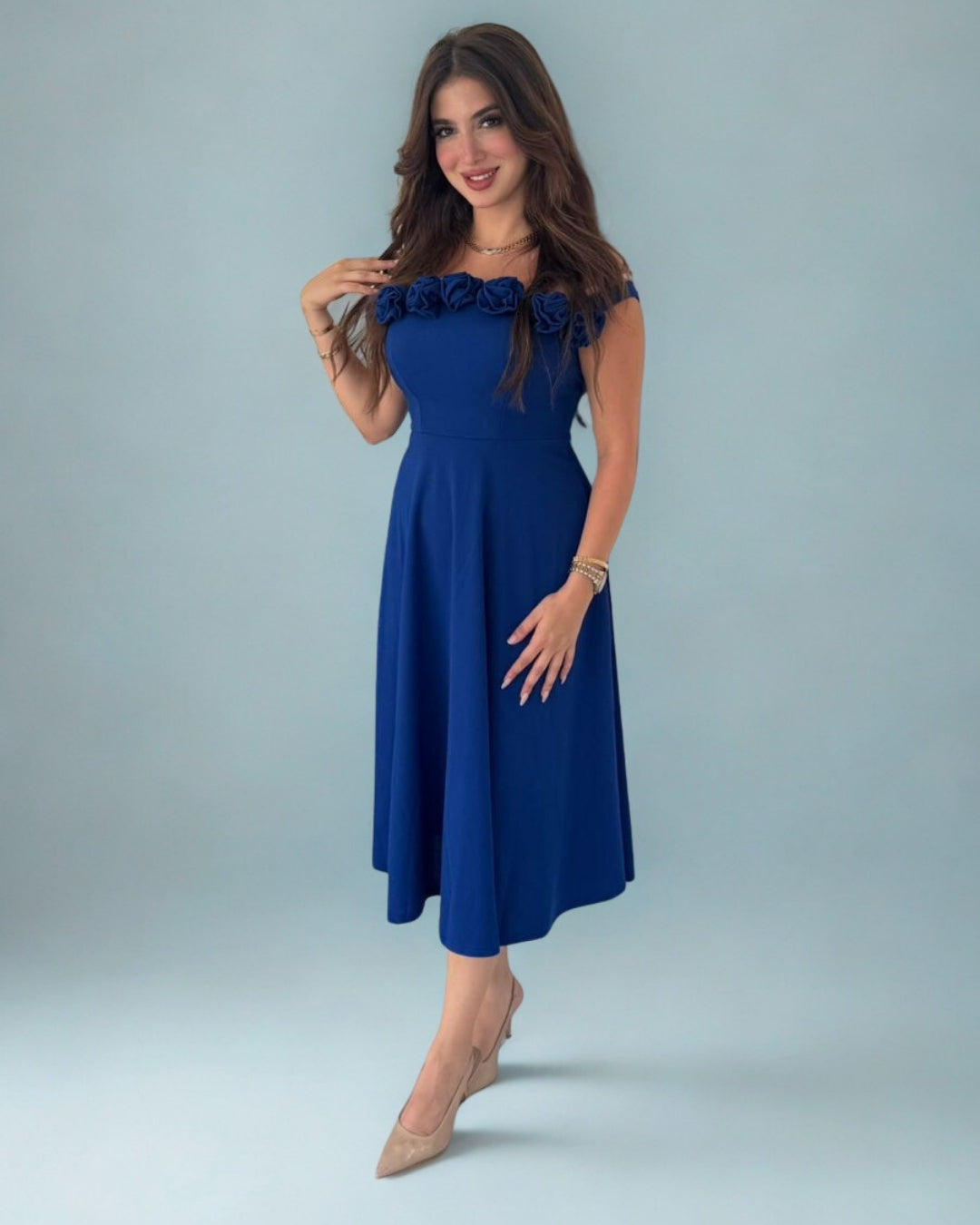 Glam Off-Shoulder Rose Midi Dress