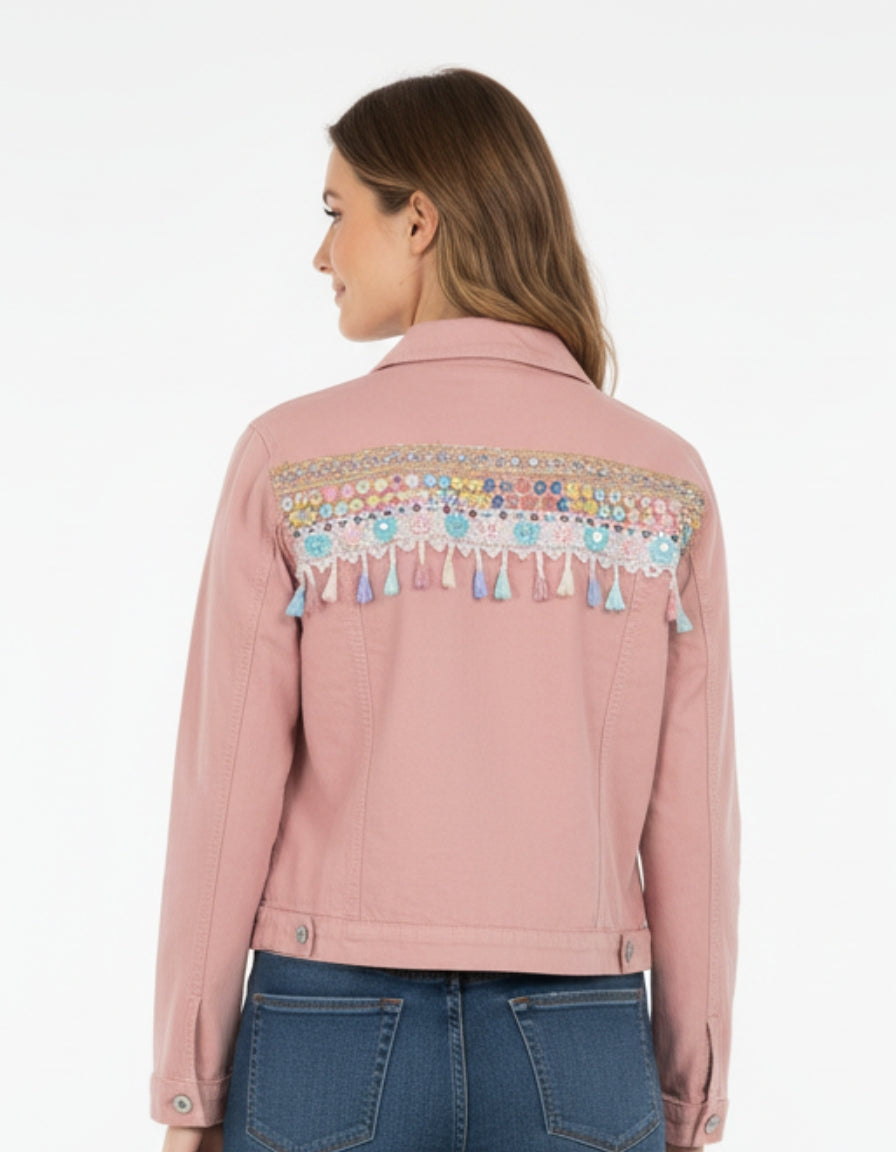 Pink jacket with colorful embroidery and tassels on a white background