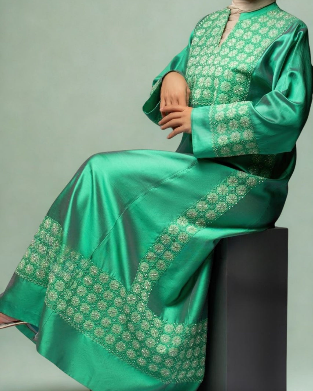 Luxurious Emerald Valentino Hand-Embroidered Dress