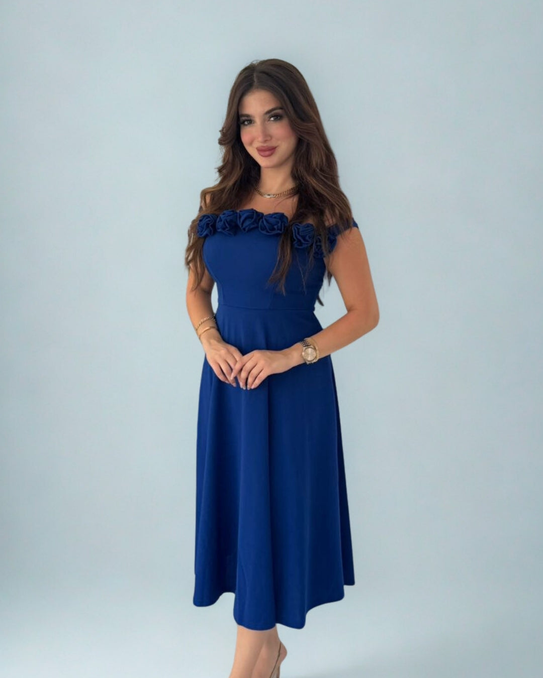 Glam Off-Shoulder Rose Midi Dress