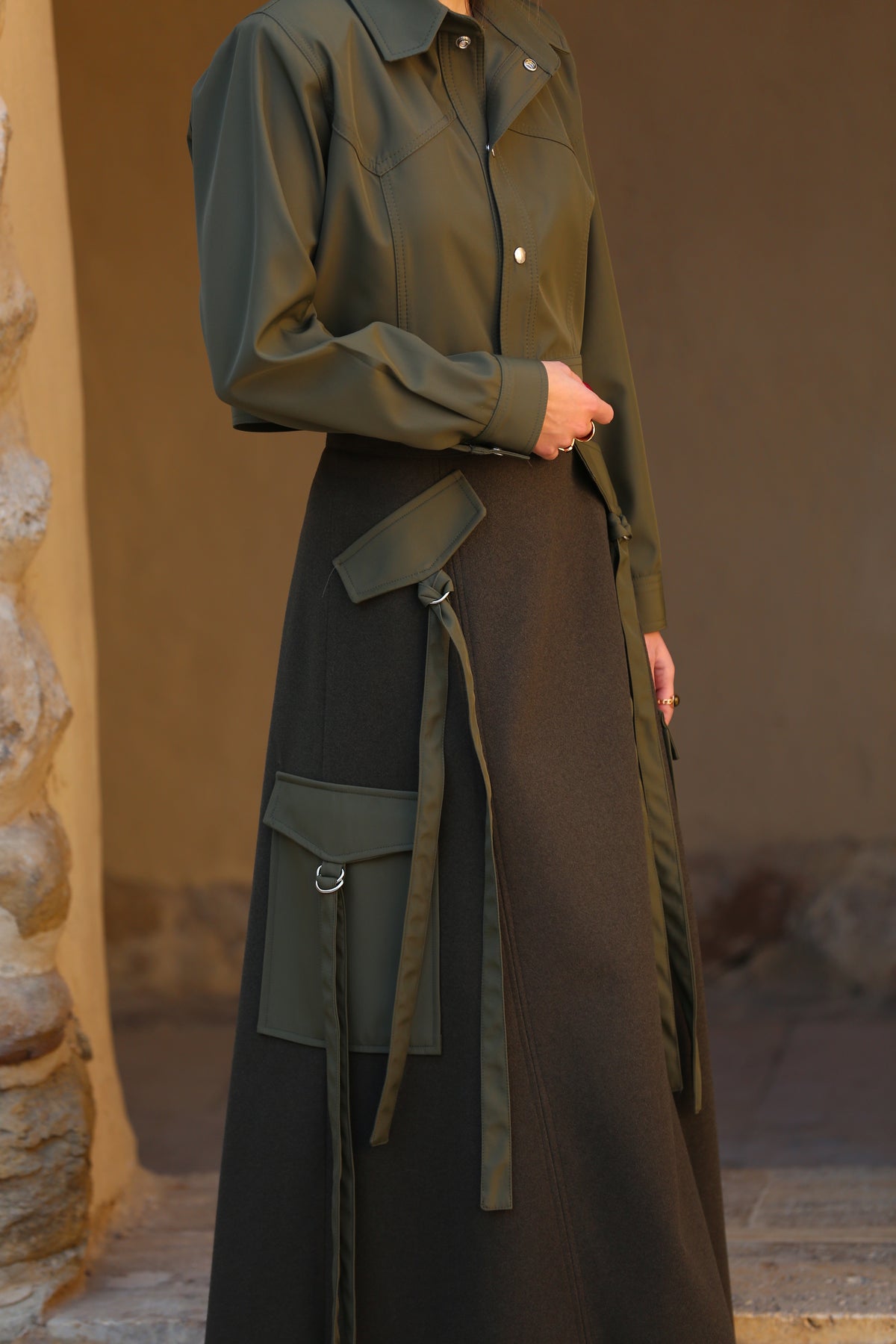 A-line Maxi Skirt with Utility Pockets and Straps