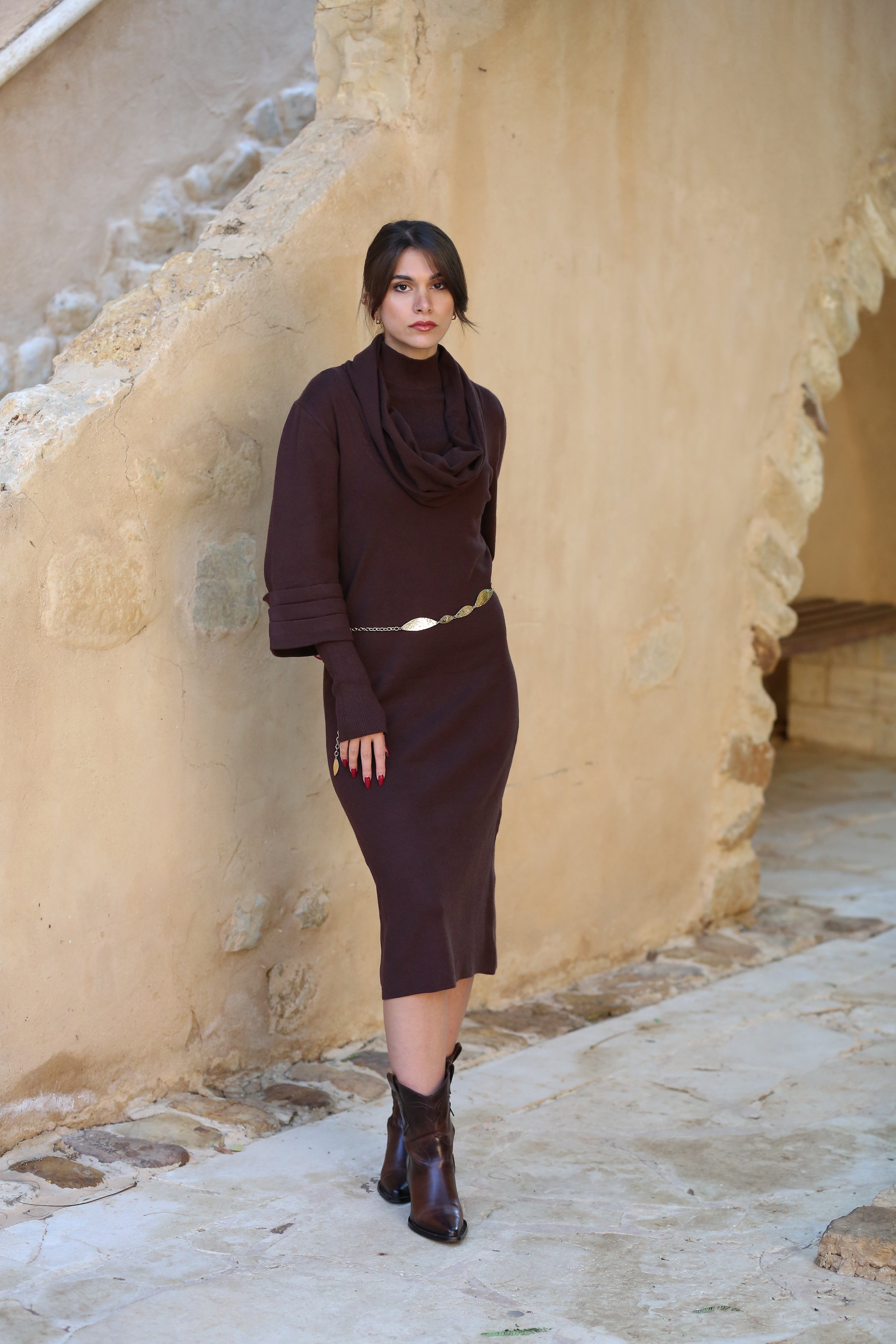 Knitted Midi Dress with Draped Collar