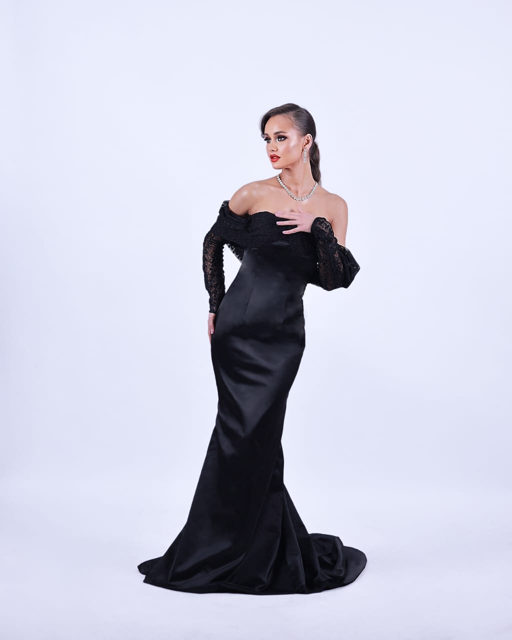Black Off-Shoulder Mermaid Dress with Hand-Embroidered Tulle