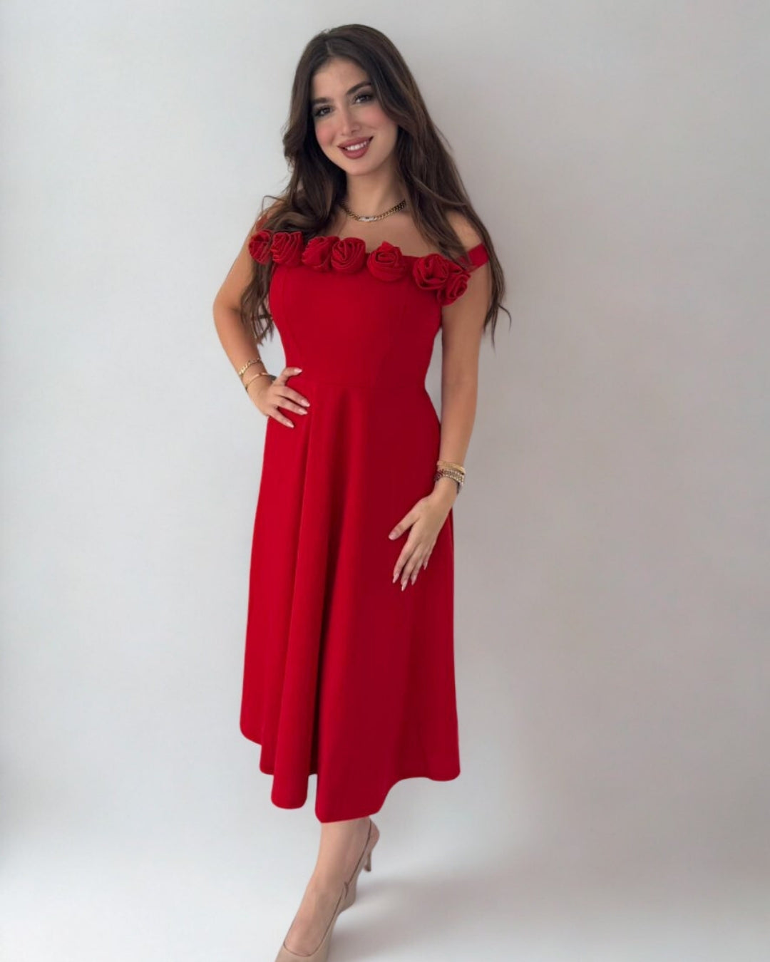Glam Off-Shoulder Rose Midi Dress