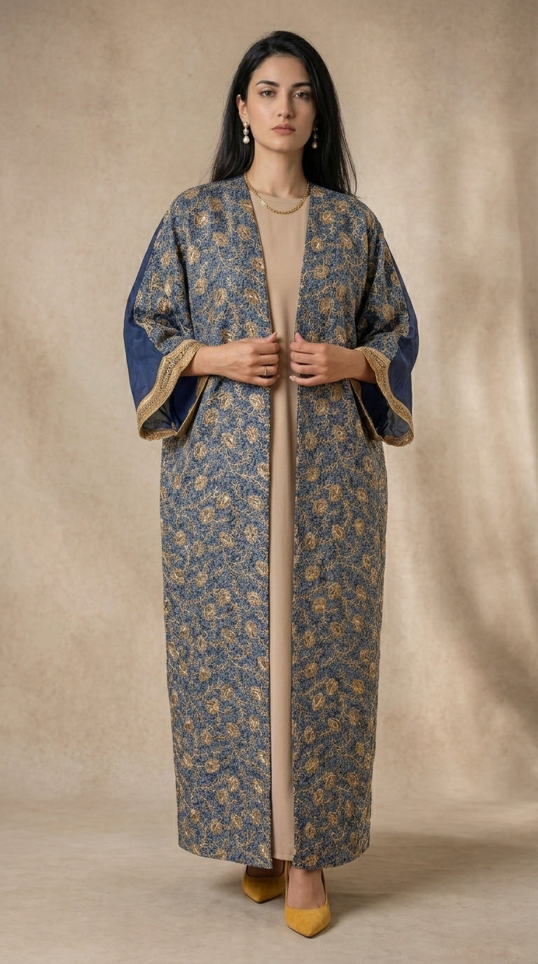 Royal Blue & Gold Floral Embroidered Abaya