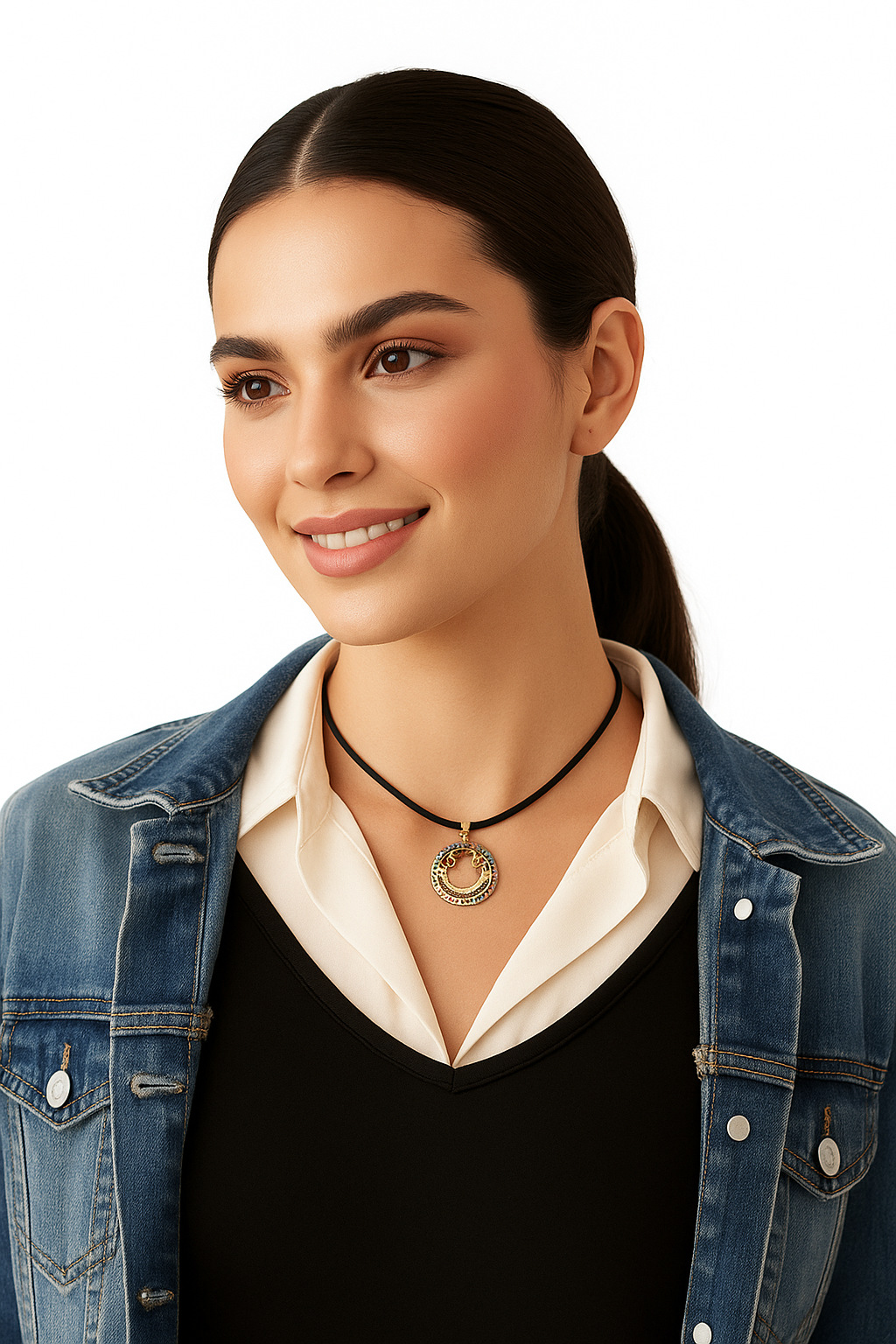 Woman wearing a necklace with a white shirt and denim jacket on a white background