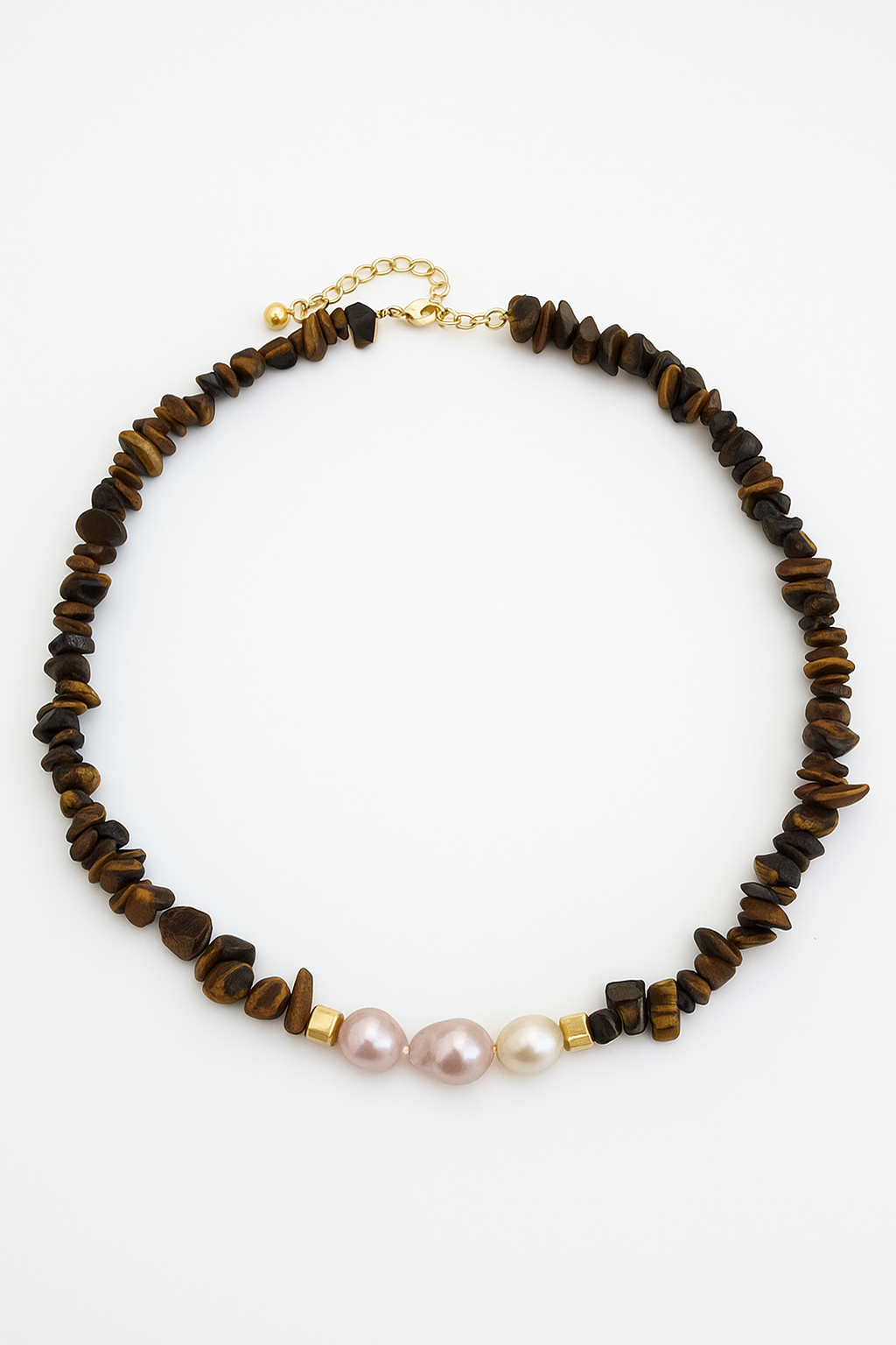 Necklace with brown beads and pink pearls on a white background