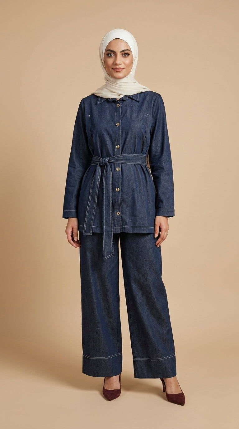 Woman wearing a denim outfit with a belt on a beige background