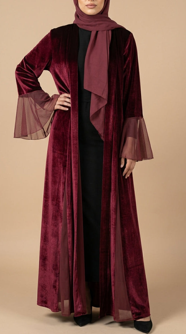 Burgundy Velvet Open Abaya with Chiffon Bell Sleeves