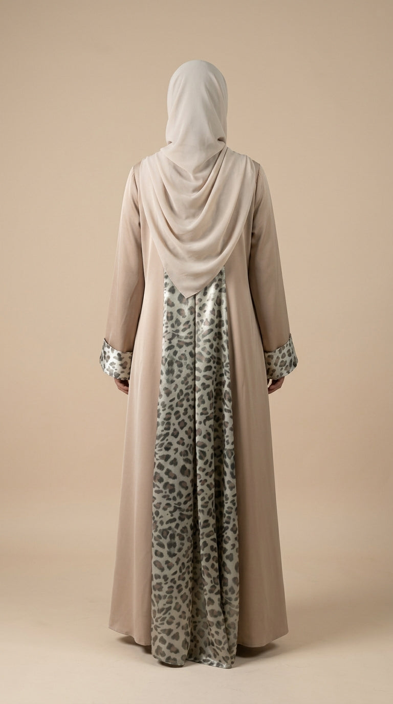Beige Open Abaya with Leopard Print Details
