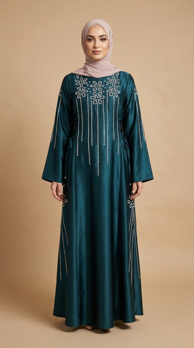 Teal abaya with embroidery on a beige background