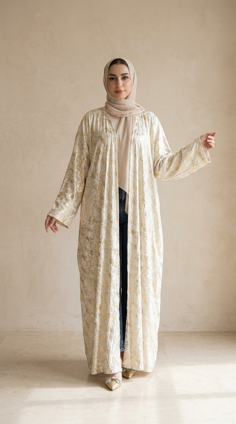 Woman wearing a long, light-colored abaya with a matching hijab against a beige background
