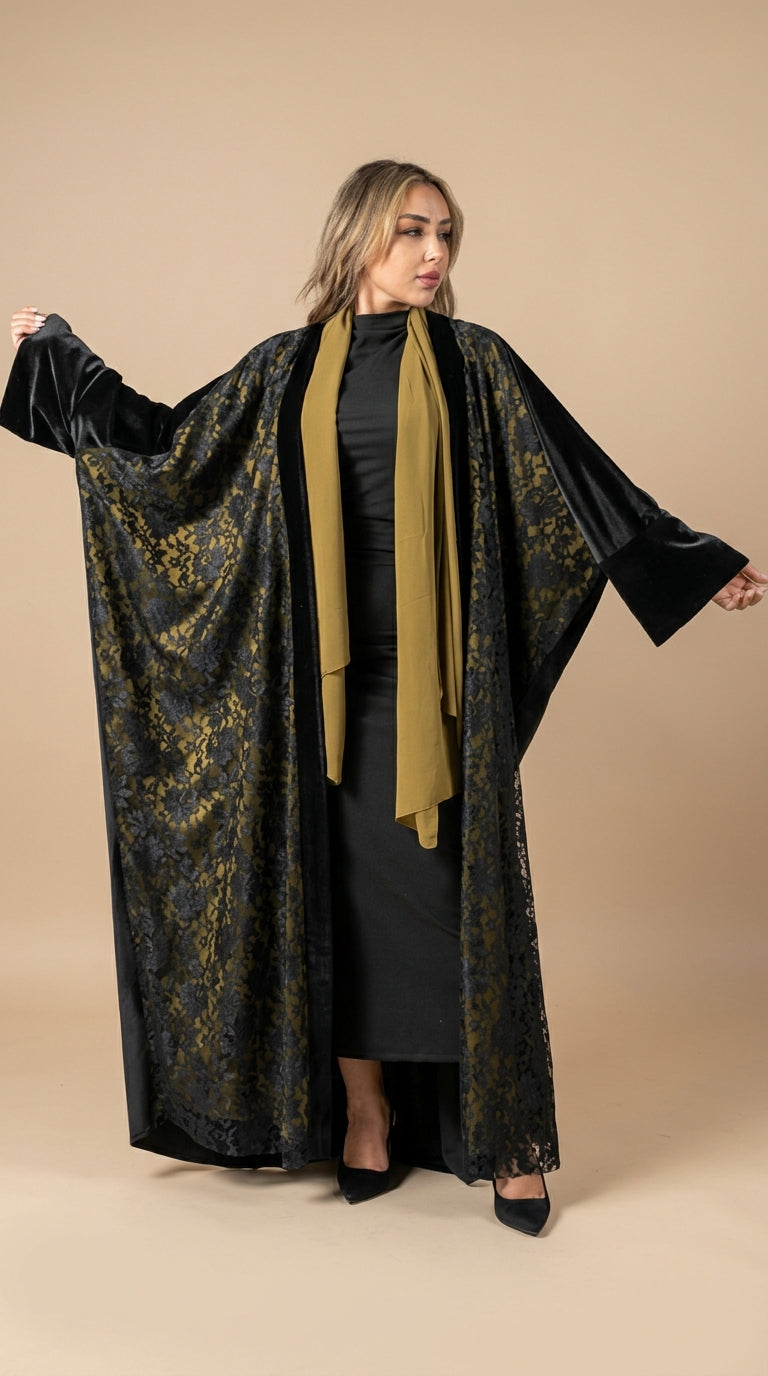 Black Open Abaya with Gold Pattern Details