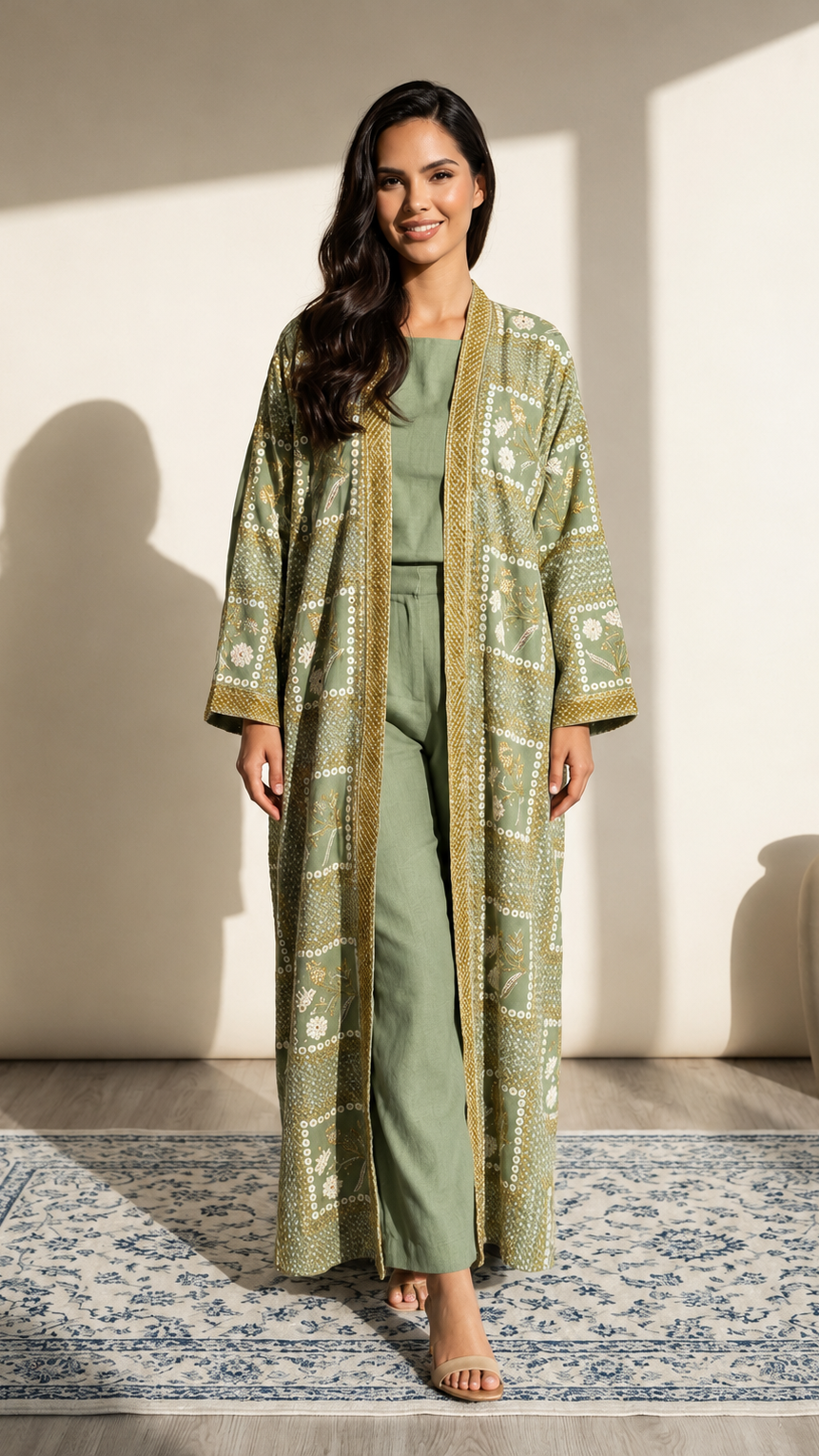 A woman stands barefoot on a patterned rug in a sunlit room, wearing a long sage green open-front cardigan with cream geometric patterns over an olive green matching set. A large beige vase sits against the wall on the right.