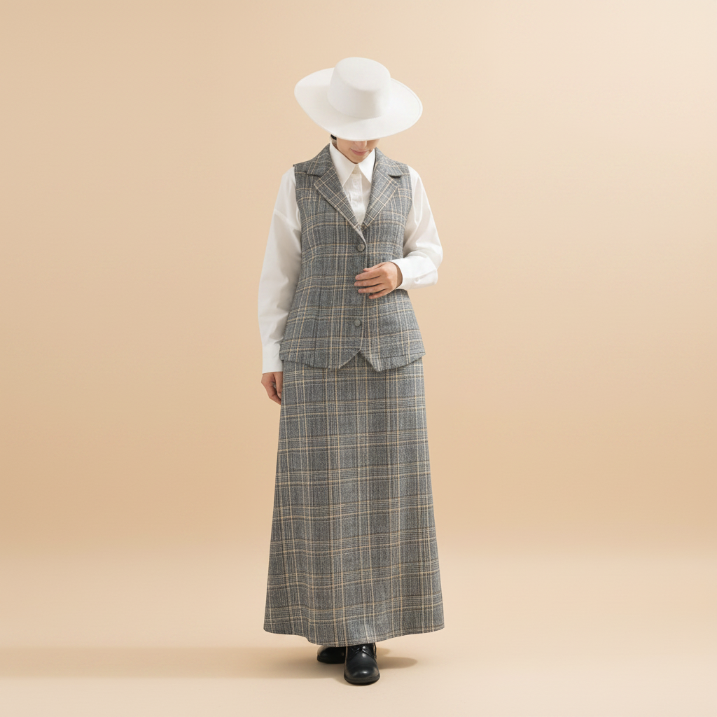 Person wearing a plaid suit and white hat on a white background