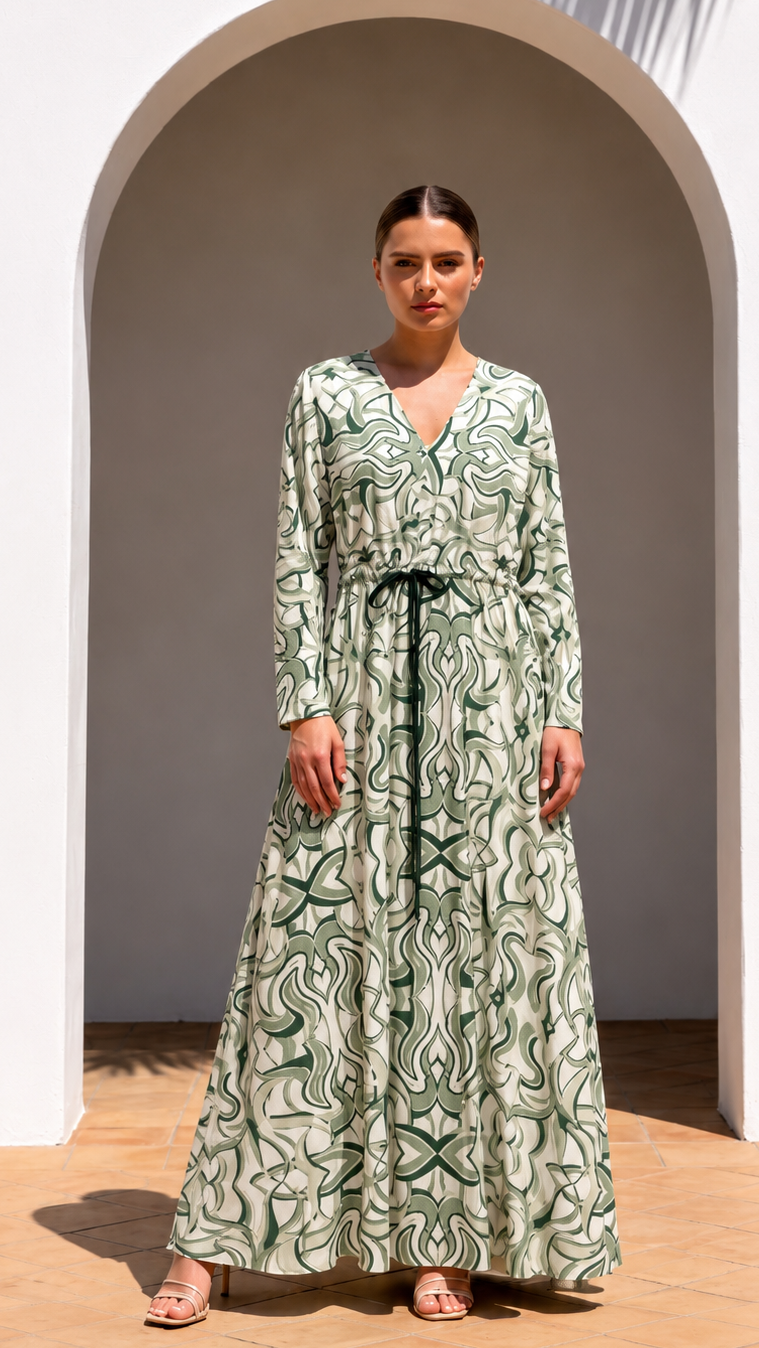 A woman stands in front of a white archway wearing a long-sleeve maxi dress with a green and beige abstract wavy pattern and a matching tie belt. The setting has a tiled floor and a palm leaf shadow on the wall.