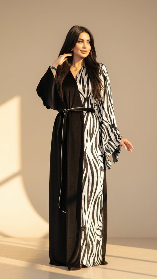 Woman wearing a black and white zebra print dress with a plain background