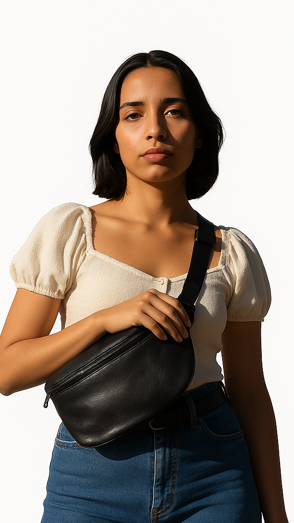 Woman holding a black leather bag against a white background