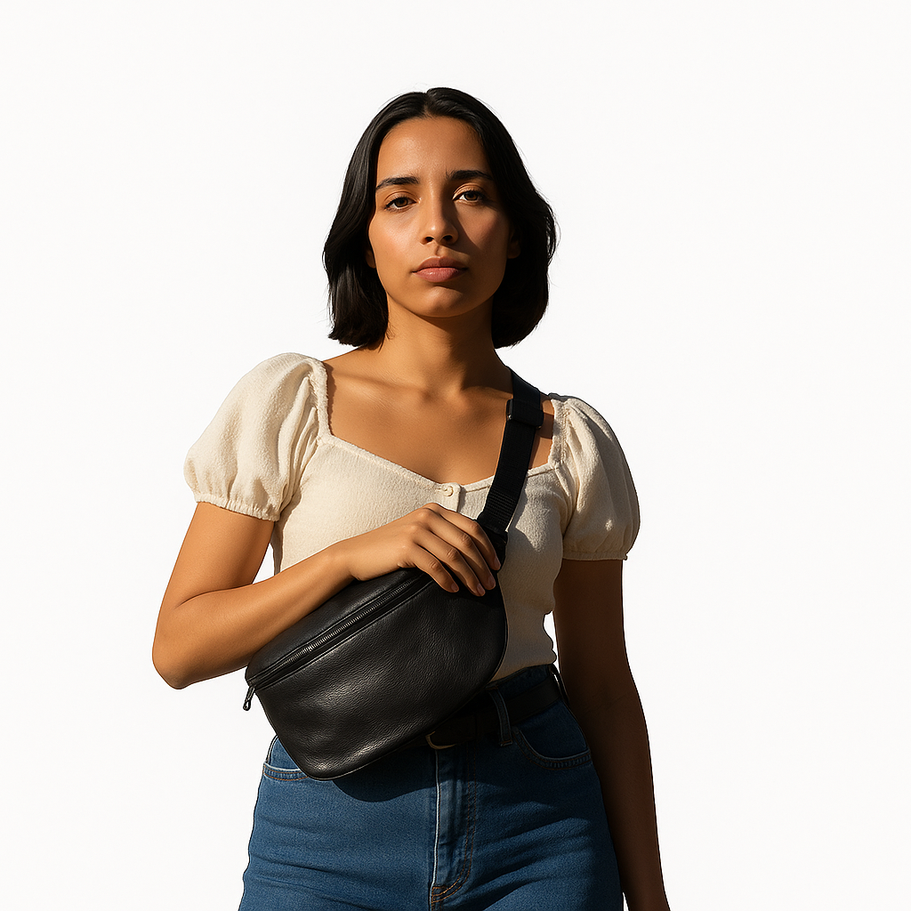 Woman holding a black leather bag against a white background