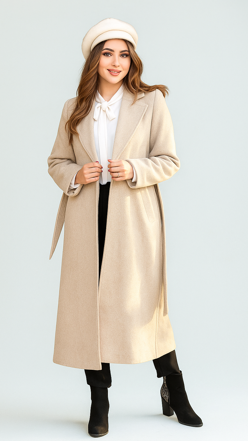Woman wearing a beige coat, white blouse, black pants, and black boots on a light gray background