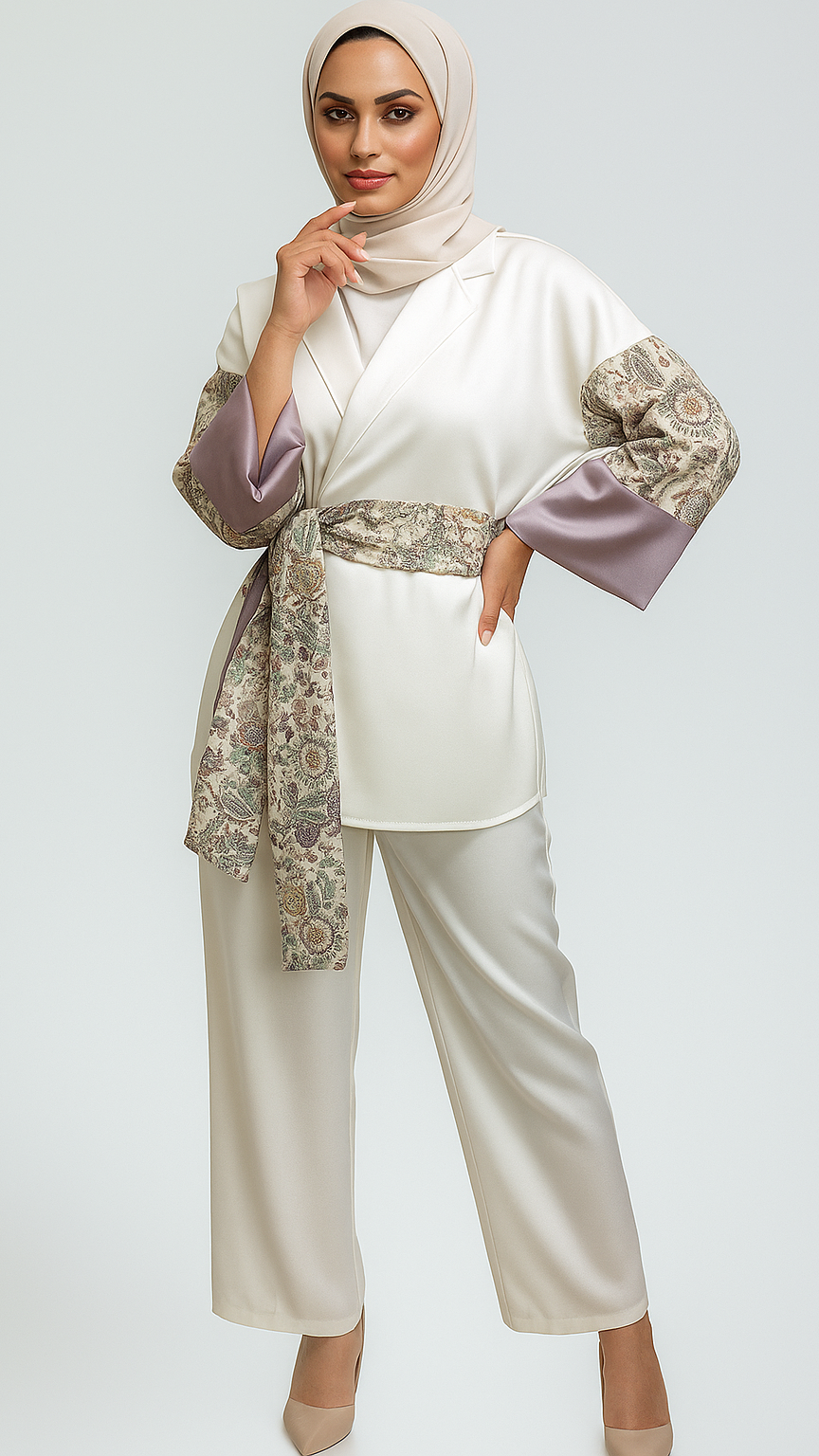 Woman wearing a cream outfit with patterned sleeves and belt against a light gray background