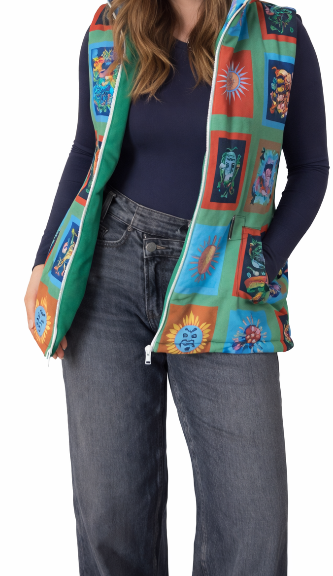 Woman wearing a colorful patterned vest on a white background