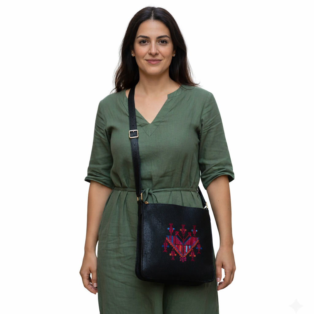 Woman wearing a green outfit with a black bag featuring red patterns on a white background