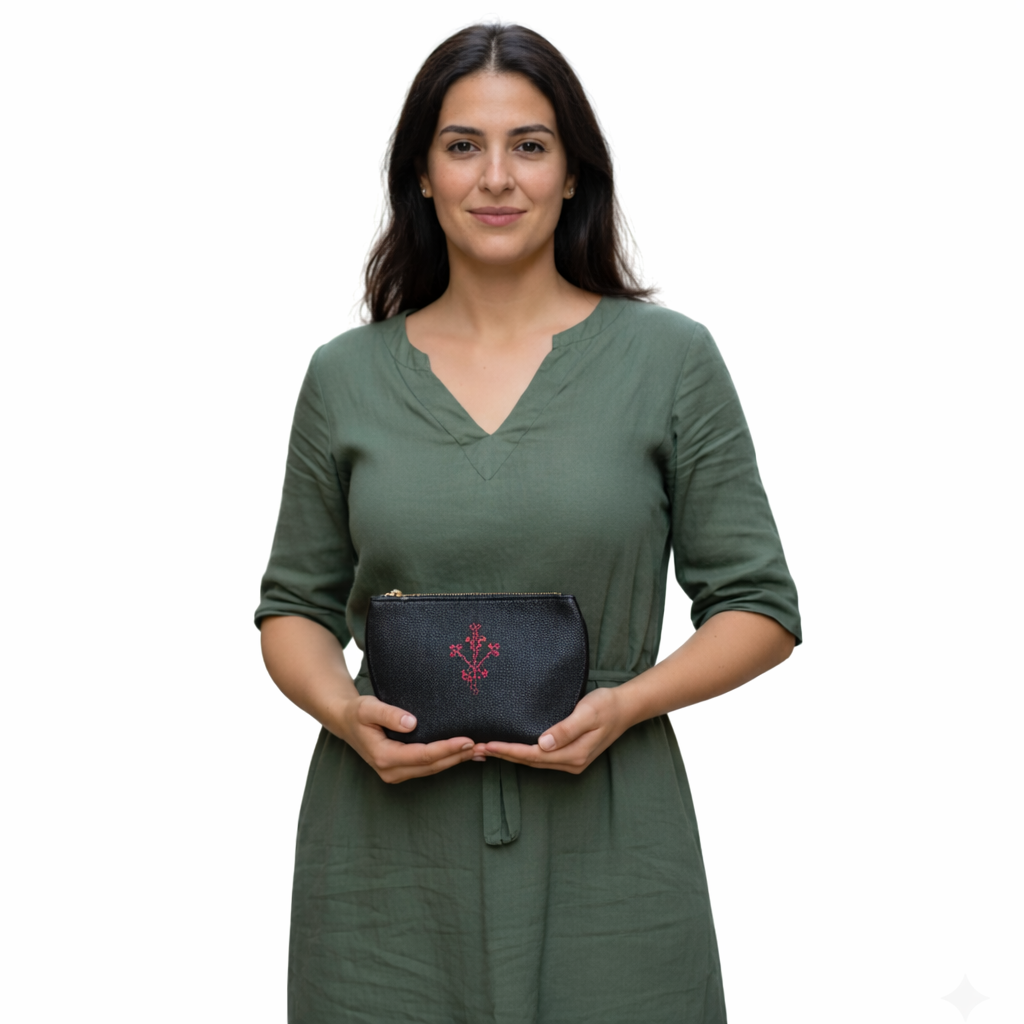 Woman holding a black clutch with floral design on a white background