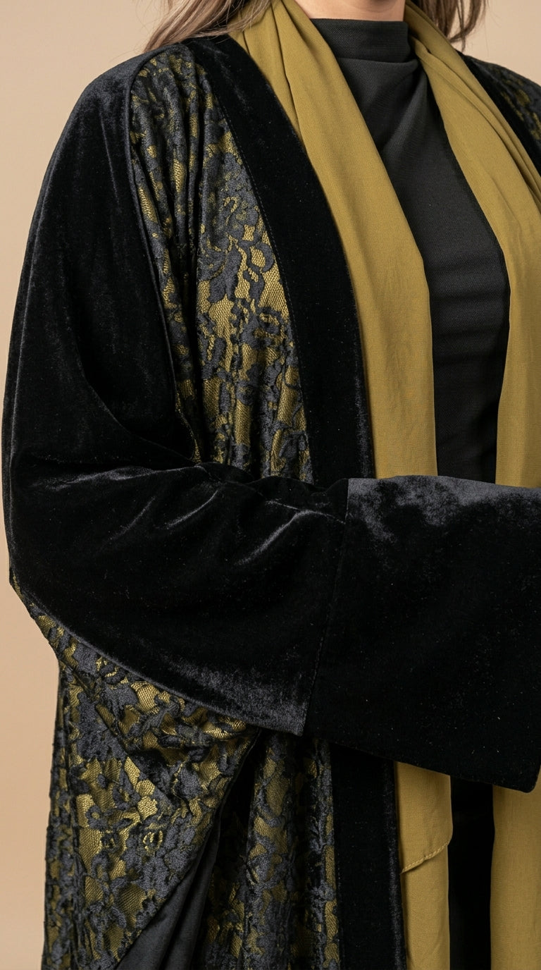 Black Open Abaya with Gold Pattern Details