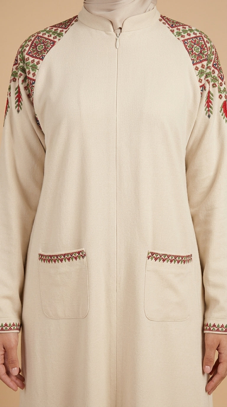 Cream Heritage Hand-Embroidered Linen Abaya