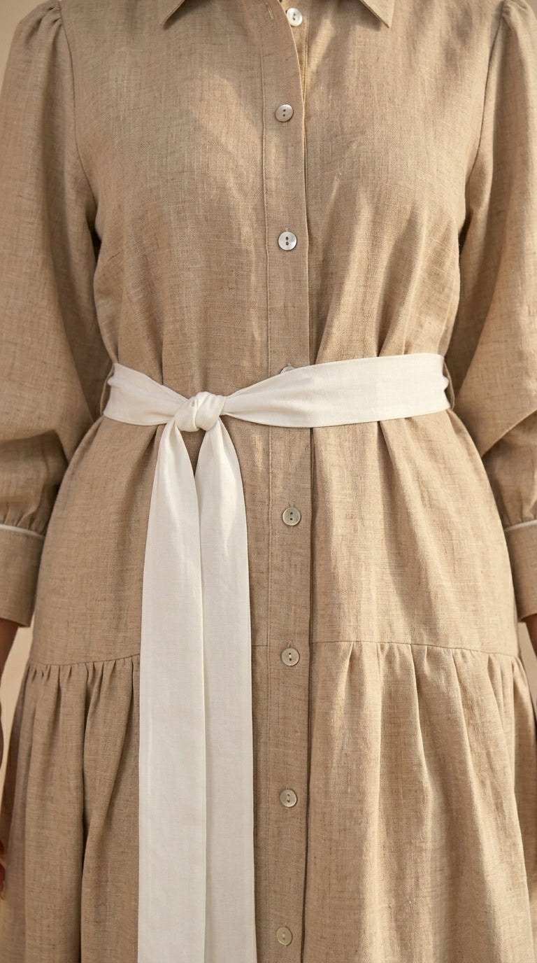 Brown dress with a white belt on a neutral background