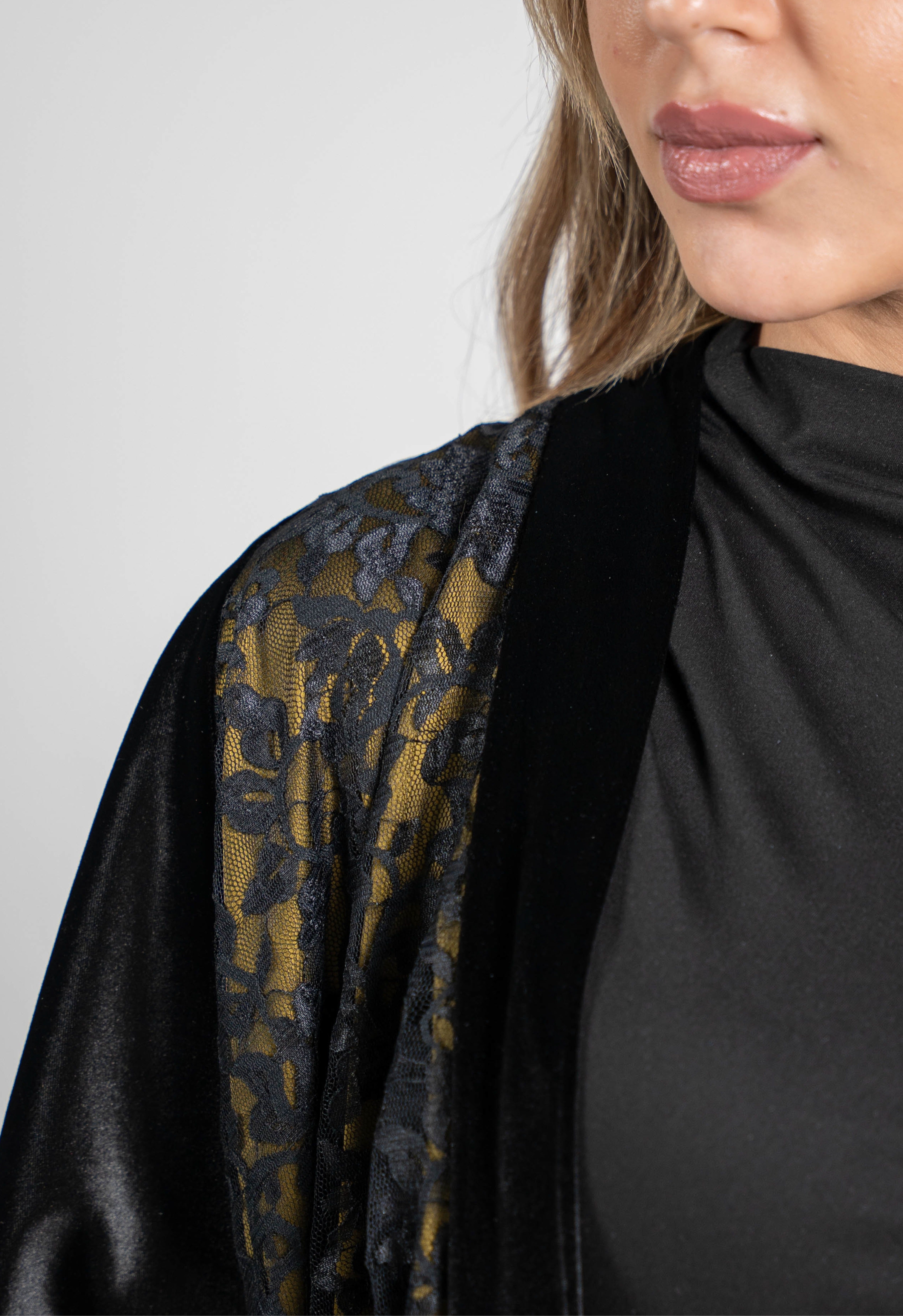 Black Open Abaya with Gold Pattern Details
