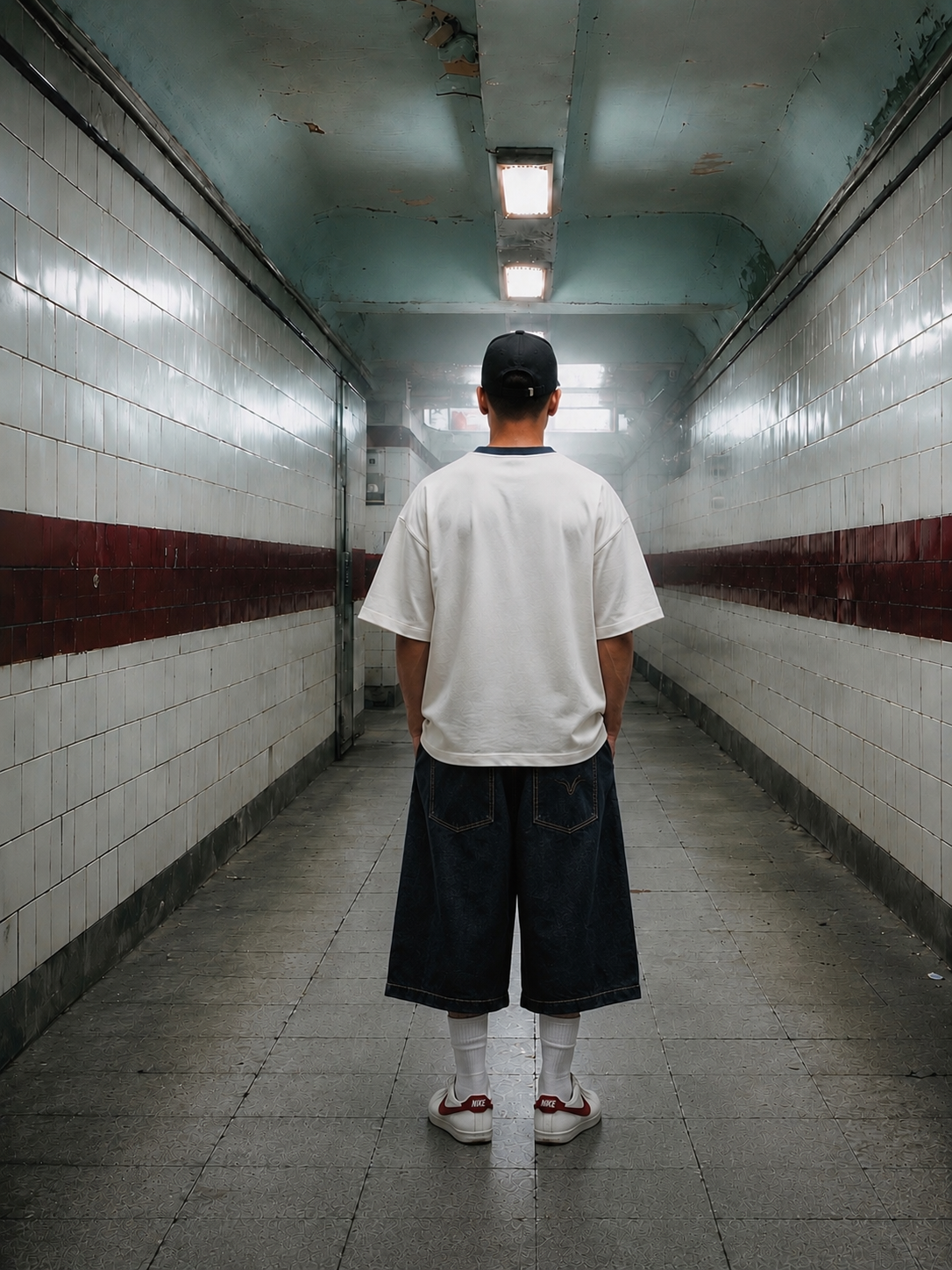Person standing in a long, narrow hallway with tiled walls and a red stripe.