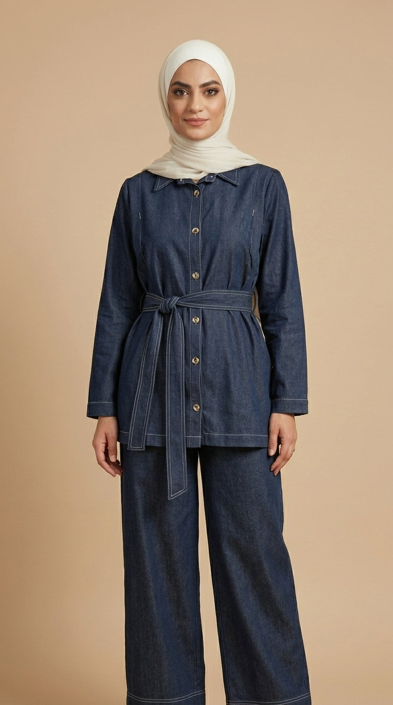 Woman wearing a blue denim outfit with a beige hijab on a beige background