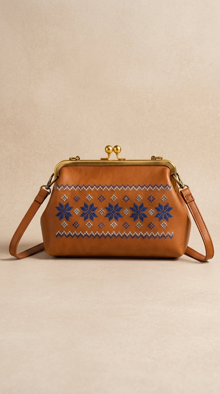 Folk-Art Tan Leather Embroidered Kiss-Lock Bag