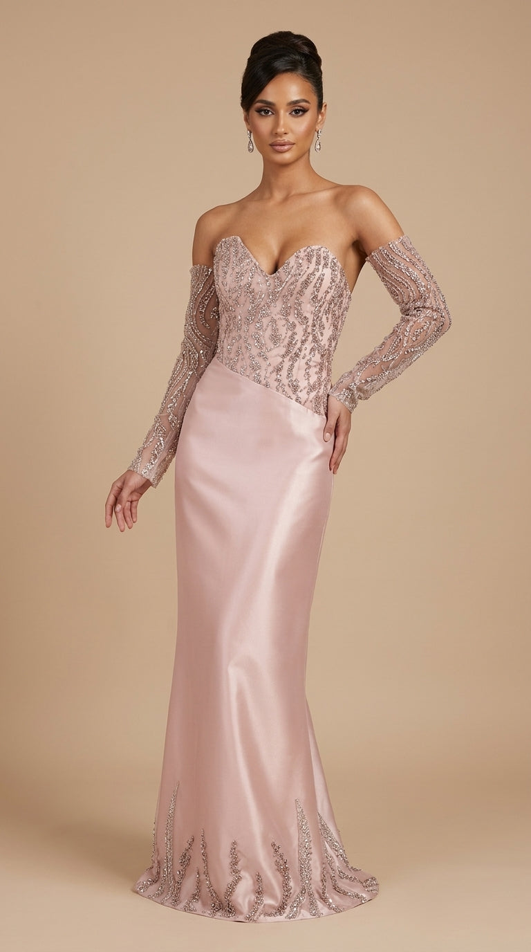 Woman wearing a pink evening gown with long sleeves on a beige background
