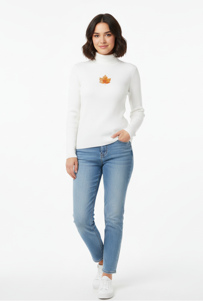 Woman wearing a white turtleneck sweater with a logo and light blue jeans on a white background