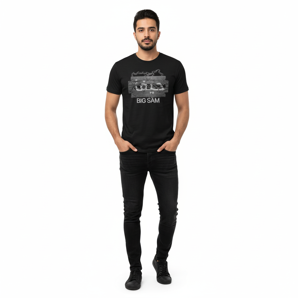 Man wearing a black t-shirt with 'BIG SAM' graphic design on a white background