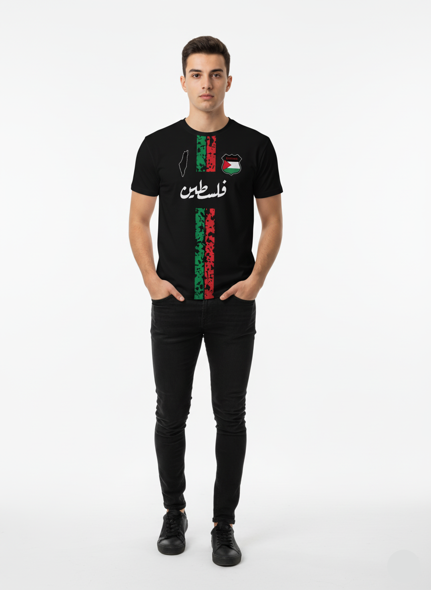 Man wearing a black t-shirt with text and graphics on a white background