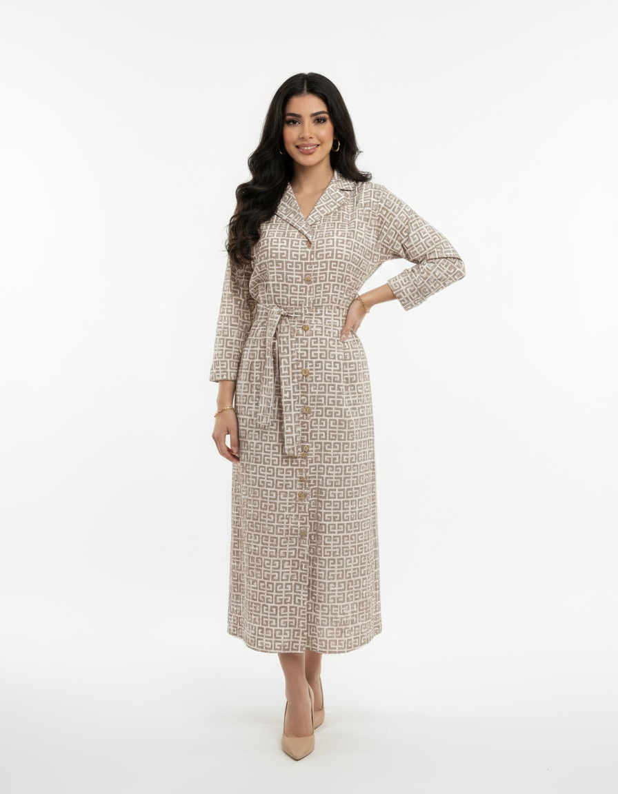 Woman wearing a patterned dress on a white background